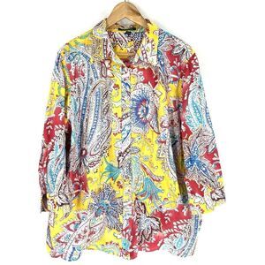 Lauren Ralph Lauren Shirt Size 3X Yellow Paisley Print Button Down Top Blouse